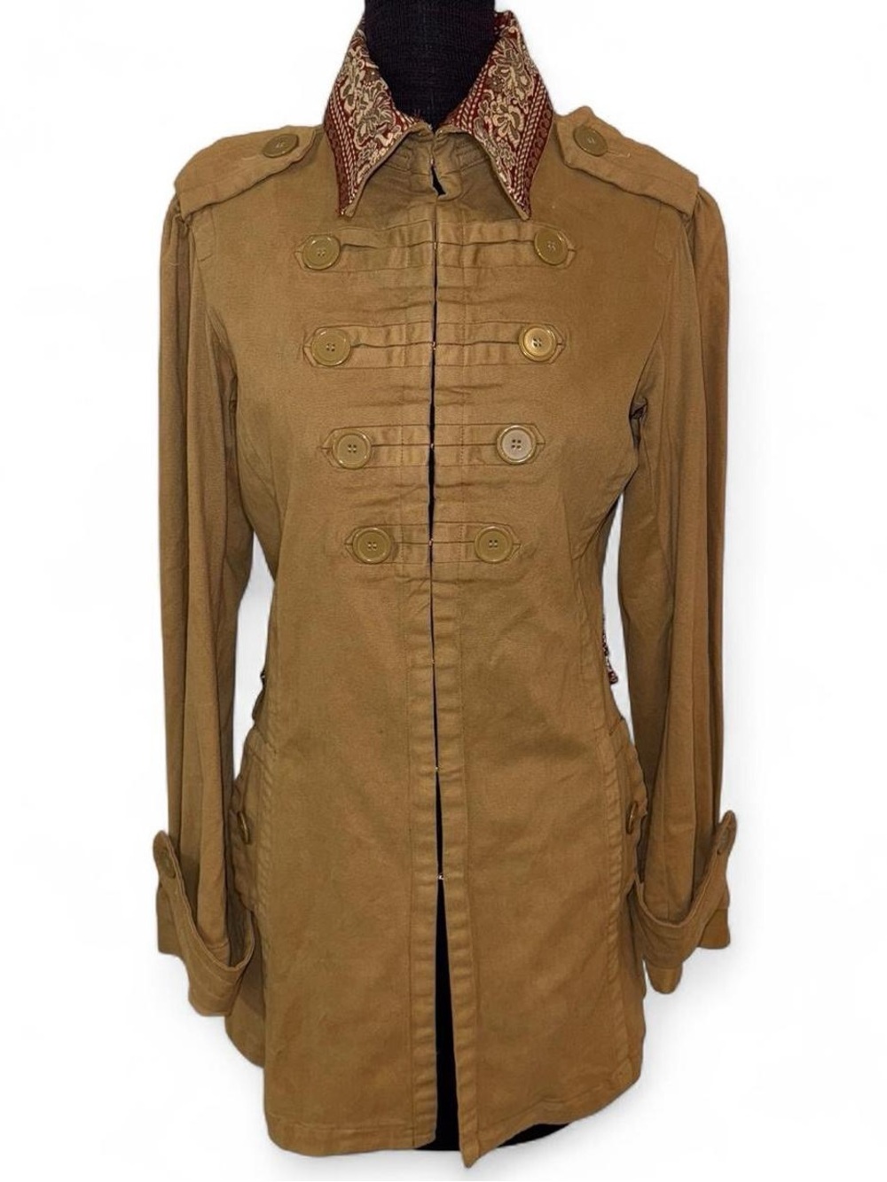 Gadzooks Camel Military-Style Trench Coat with Patterned Collar SZ M Y2K Vintage